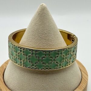 Mint Green Gold Tone Filigree Wide Hinged Bangle Bracelet Classic Elegant